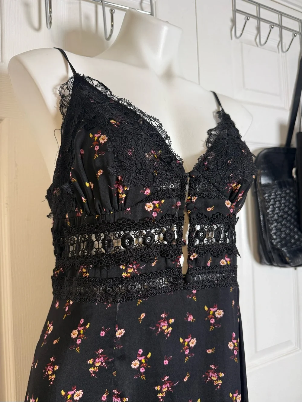 Free People Black Maxi Dress with Pink Floral Print